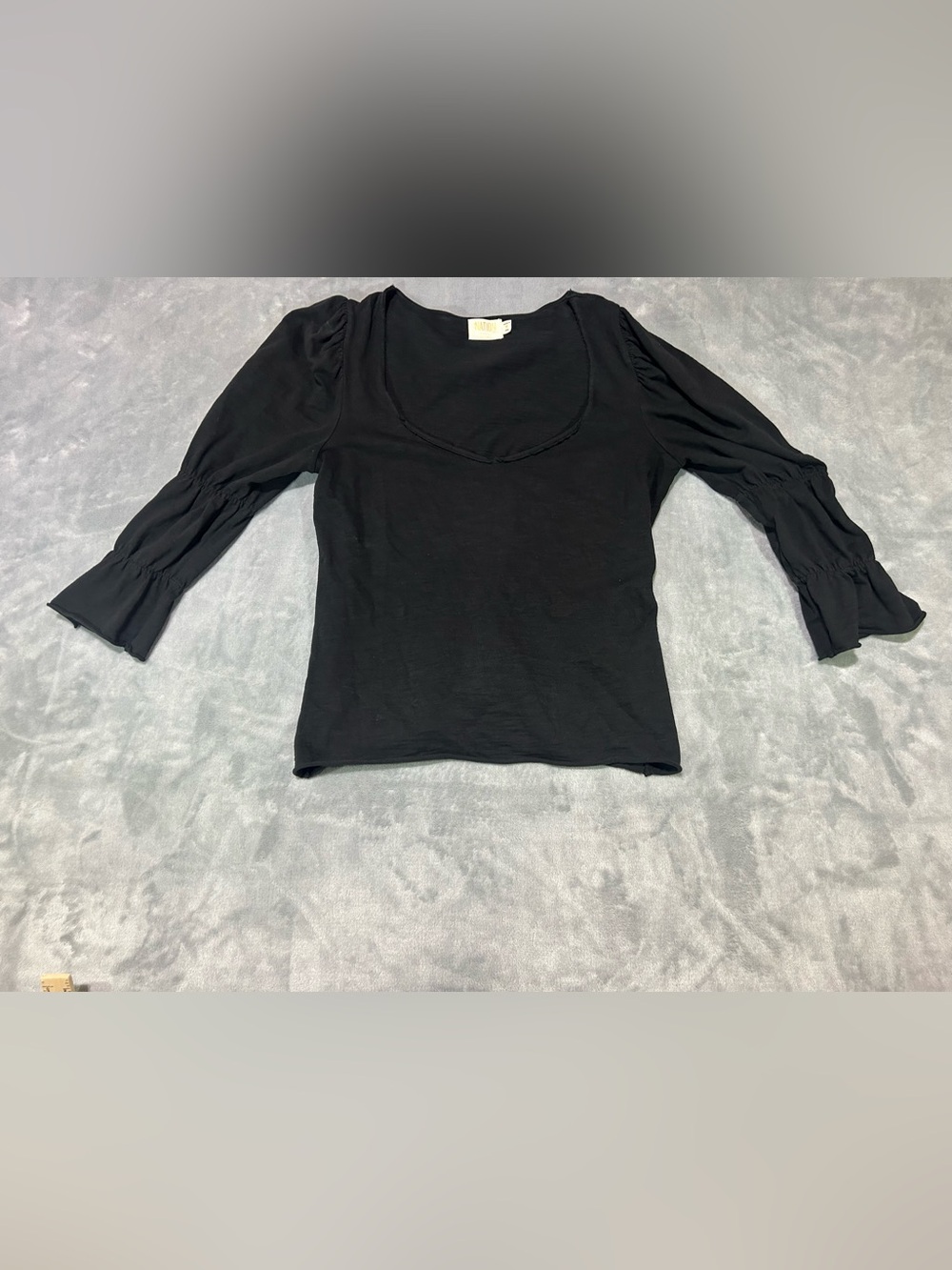 NATION LTD Womens Black Scoop Neck Ruched 3/4 Puff Sleeve Knit Top Size M